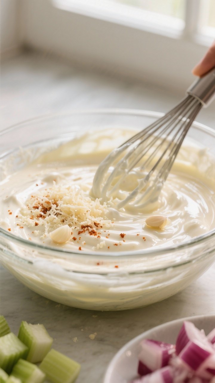 Close-up detail, cooking process: A large glass mixing bowl of creamy garlic-Parmesan dressing being
