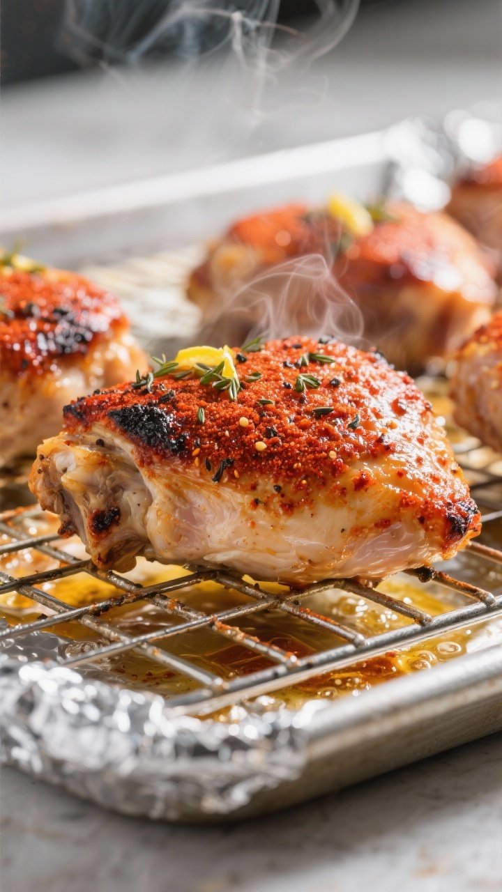 Close-up detail, cooking process: Bone-in, skin-on paprika chicken thighs roasting on a wire rack ov