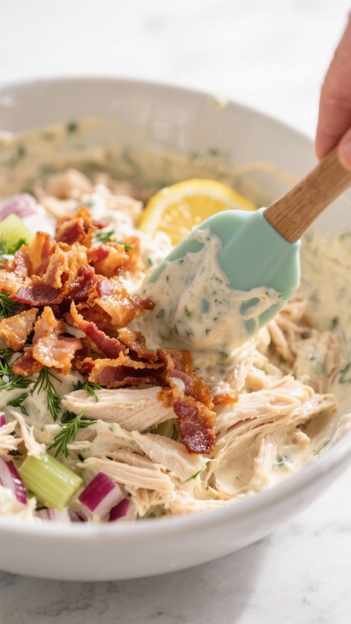 Close-up detail, cooking process: Crumbled, still-warm crisp bacon being folded into a creamy ranch-