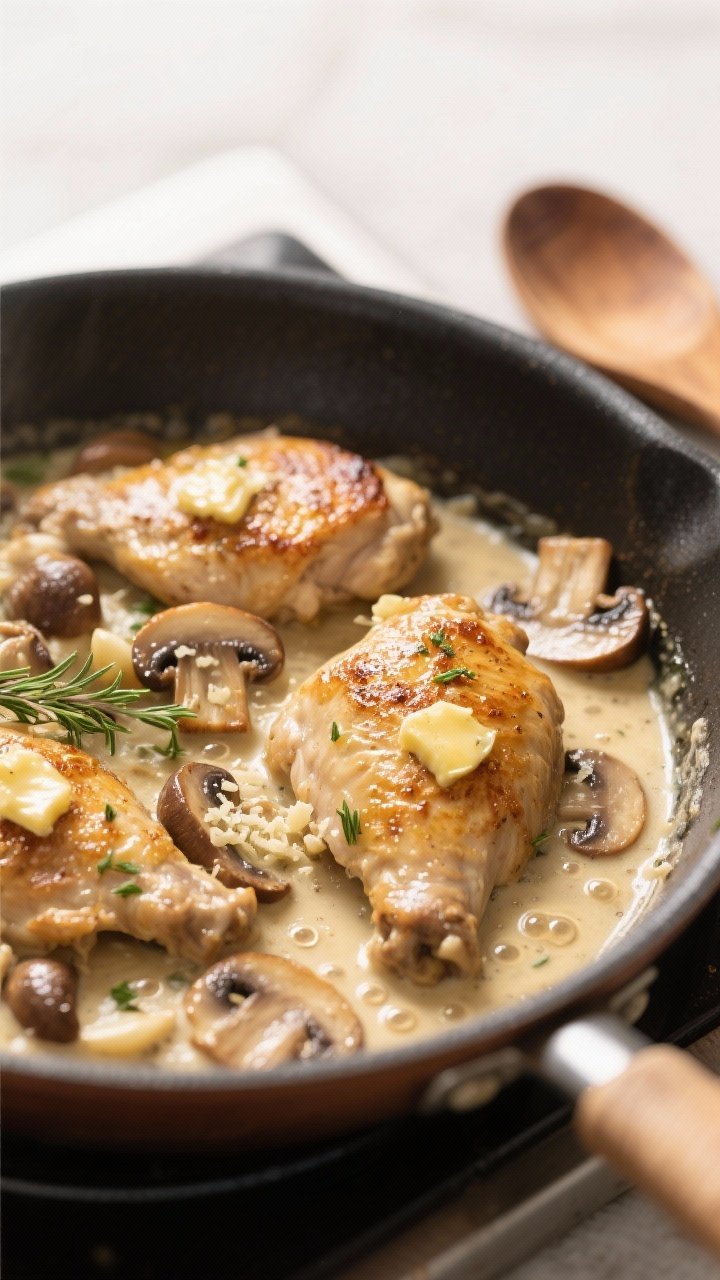 Close-up detail, cooking process: Golden-seared boneless chicken thighs nestled in a creamy mushroom