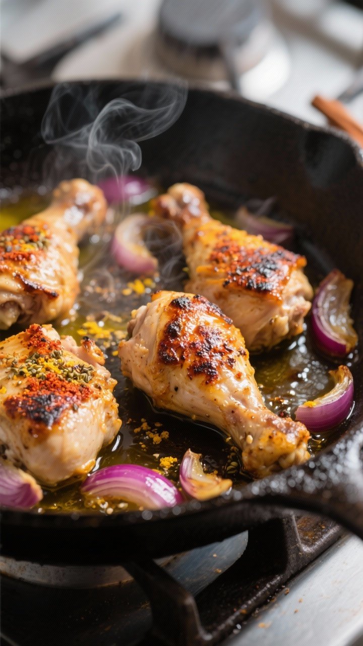 Close-up detail, cooking process: Sizzling chicken shawarma thighs in a cast-iron skillet, charred e