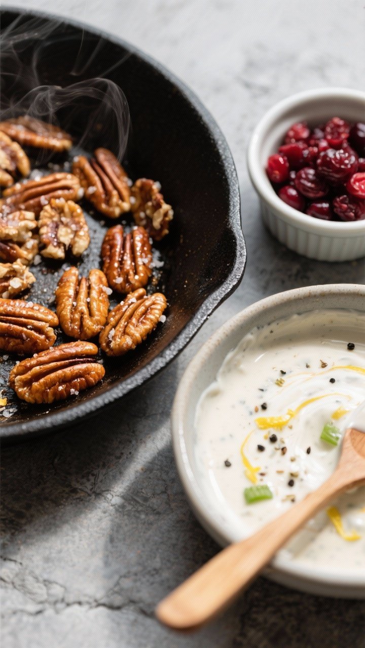 Close-up detail, cooking process: Toasted pecans cooling in a matte black skillet beside a mixing bo
