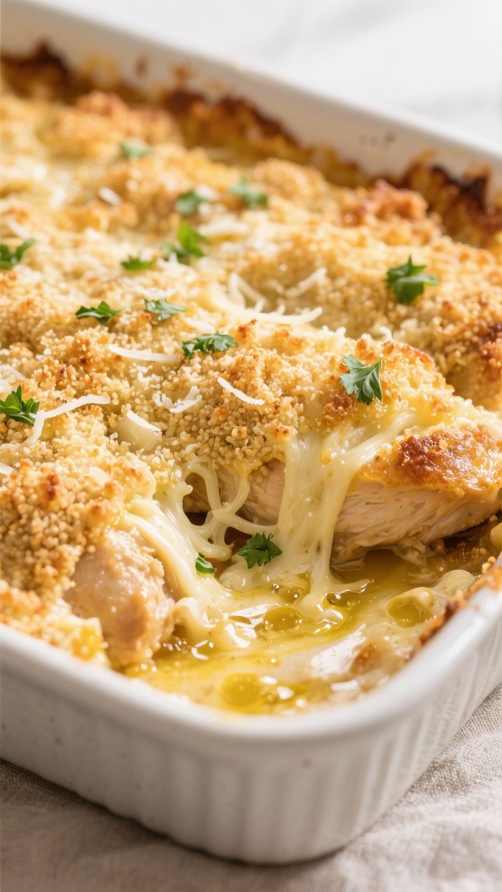 Close-up detail: Golden-bubbly Garlic Parmesan Chicken Casserole just out of the oven, focusing on t