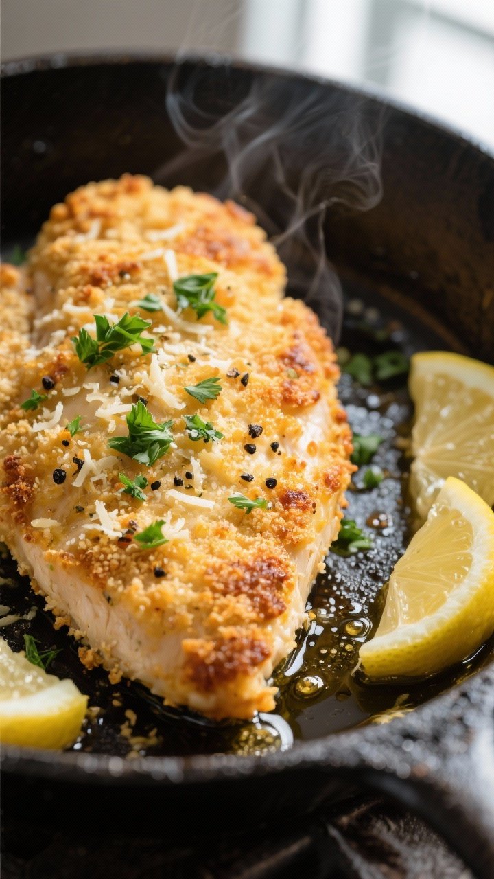 Close-up detail: Golden, Parmesan-panko crusted chicken breast just out of the oven, resting in a bl