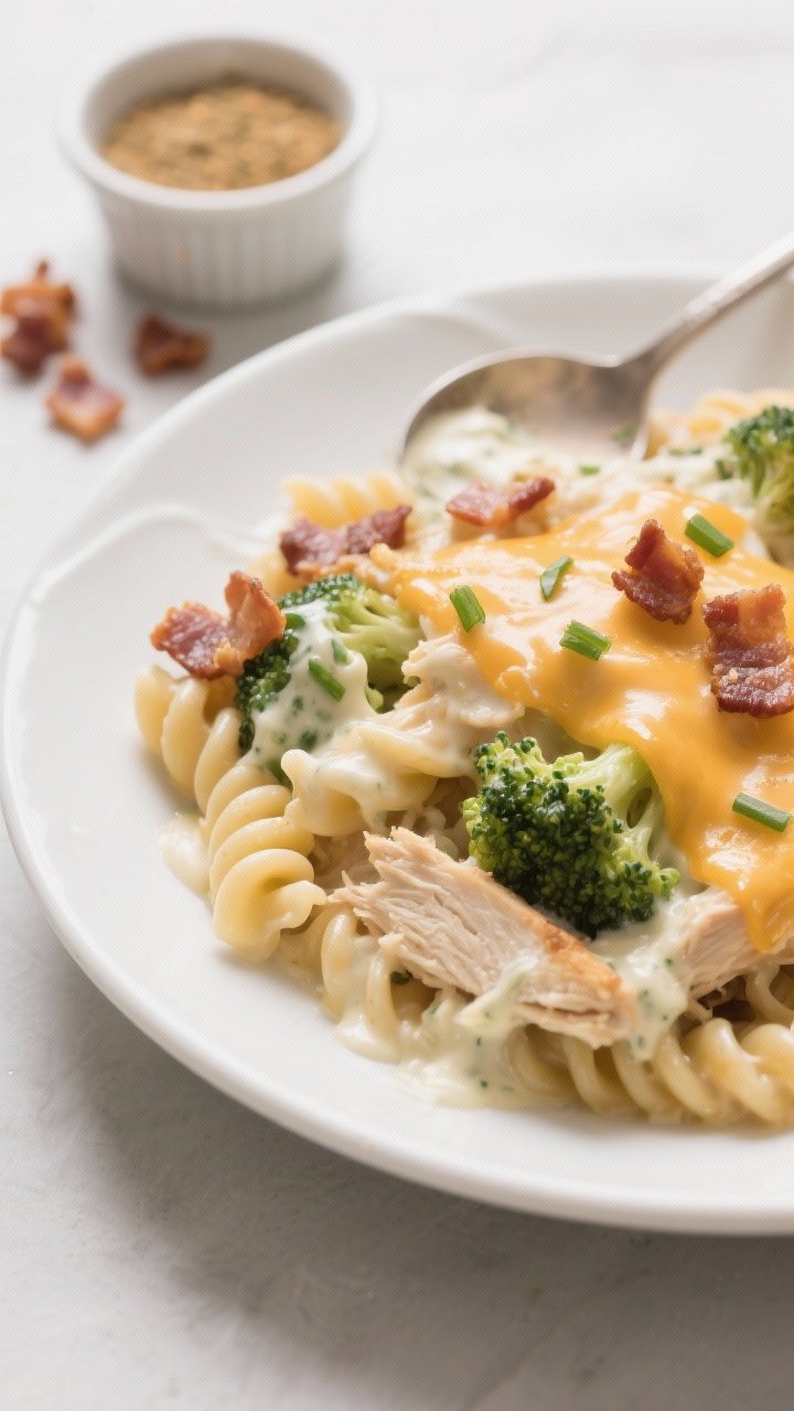 Close-up detail of a served portion of Chicken Bacon Ranch Casserole on a white shallow bowl, showin