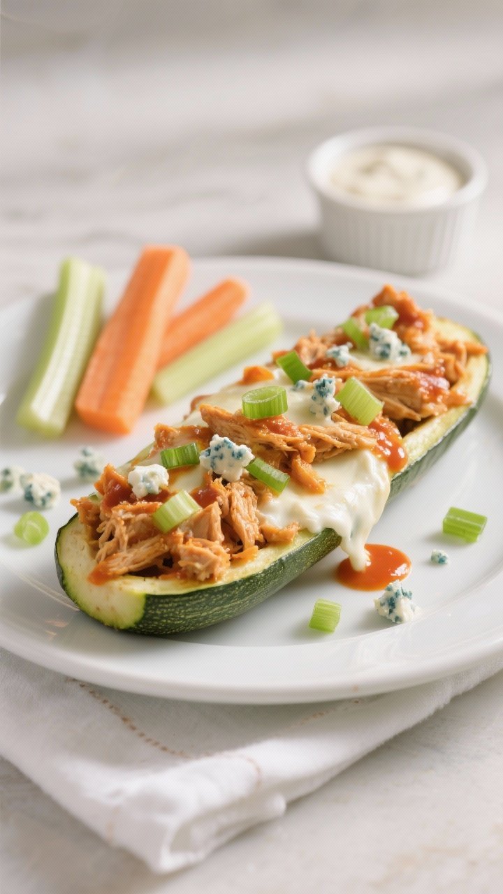 Close-up, detail of a single plated Buffalo Chicken Zucchini Boat on a matte white plate, showing ju