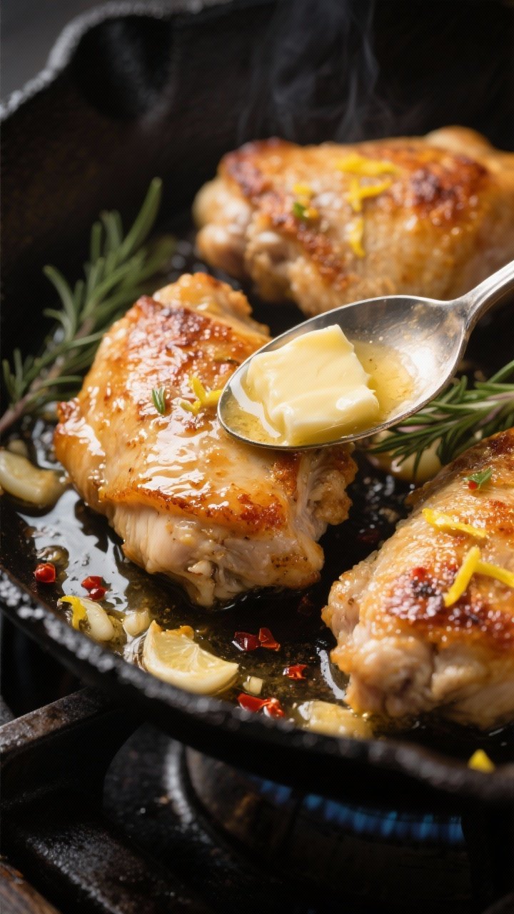 Close-up detail of golden, crispy-skinned garlic butter chicken thighs sizzling in a black cast-iron