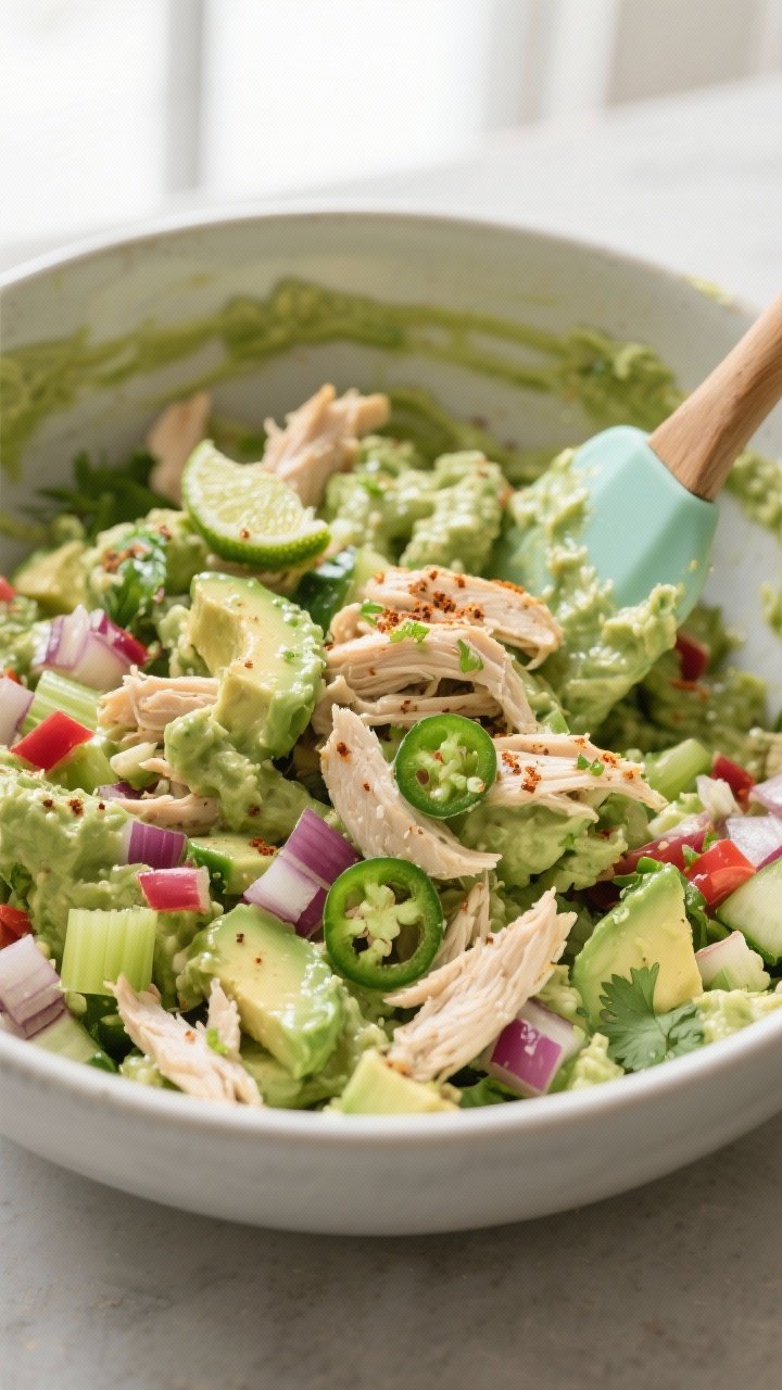Close-up detail of the avocado-lime chicken salad being mixed in a large bowl: tender shredded rotis