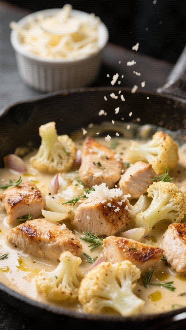 Close-up detail of the creamy skillet toss stage: seared chicken bites and deeply roasted cauliflowe