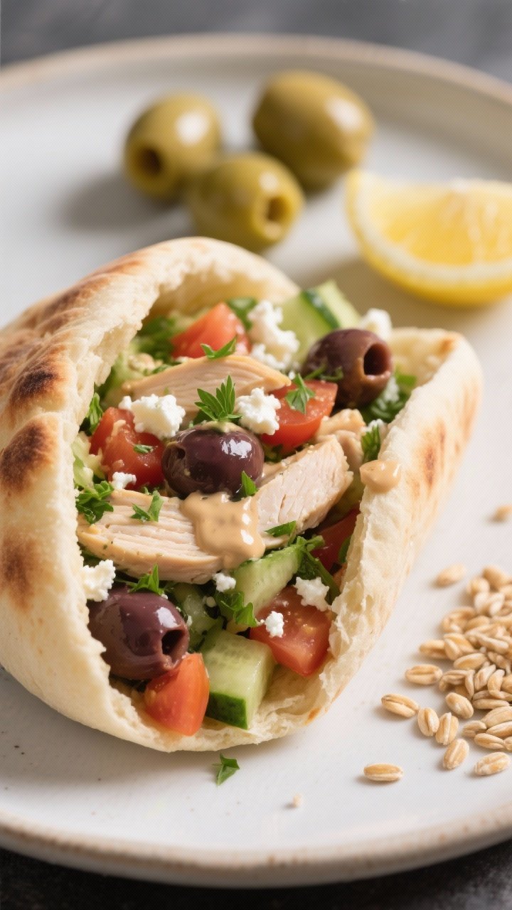 Close-up detail of the final plated salad stuffed into warm pita pockets (Greek-style variation): pi