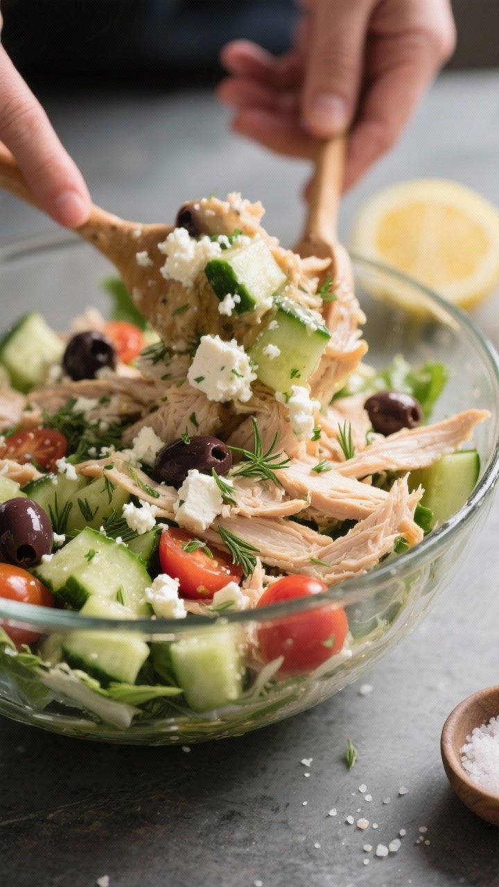 Close-up detail of the salad being gently tossed in a large glass mixing bowl, showing the dressing 