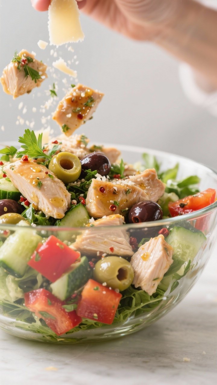 Close-up detail of the salad mid-toss in a large glass mixing bowl, emphasizing texture and sheen: b