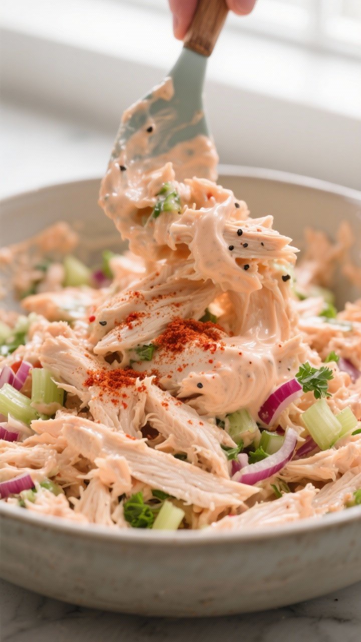 Close-up detail/process shot: A large mixing bowl filled with creamy, peach-tinted chicken salad as 