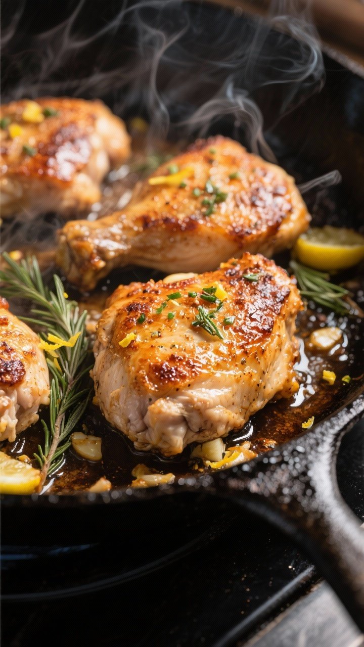 Close-up detail: Searing stage of Lemon Rosemary Chicken in a black cast-iron skillet, skin-on thigh