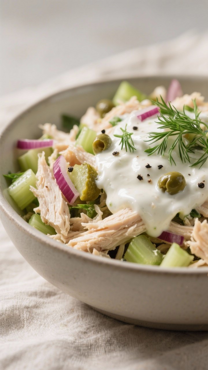 Close-up detail shot: A bowl of low-carb chicken salad just after mixing, focusing on creamy Greek-y