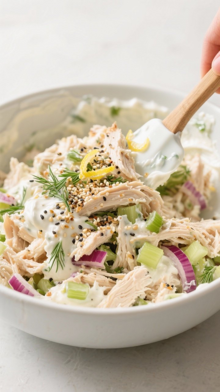 Close-up detail shot: Creamy everything bagel chicken salad being folded together in a matte white m