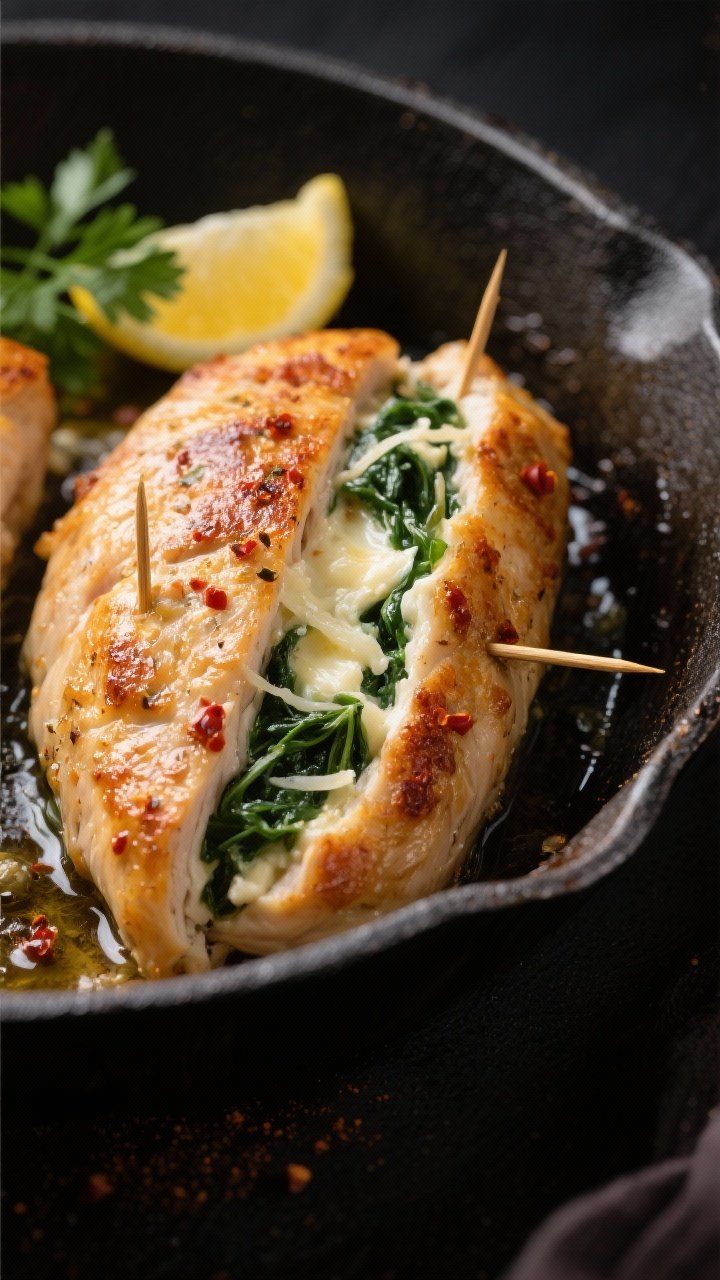 Close-up detail shot: Golden-browned spinach stuffed chicken breast just out of the oven in an oven-
