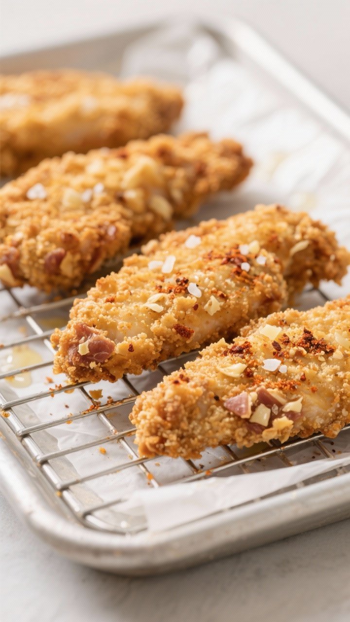 Close-up detail shot of crispy keto chicken tenders just out of the air fryer, showing a deeply gold