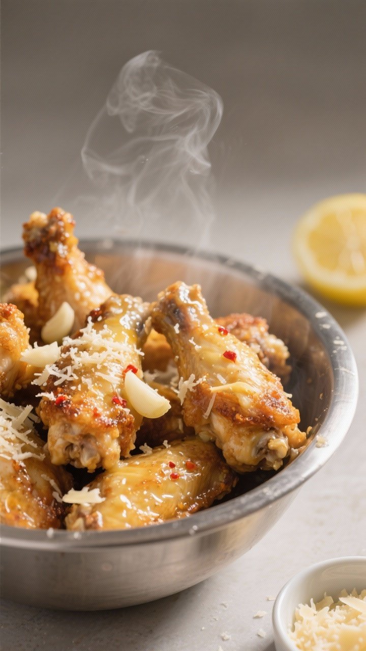 Close-up detail shot of freshly cooked Garlic Parmesan Chicken Wings being tossed in a large stainle