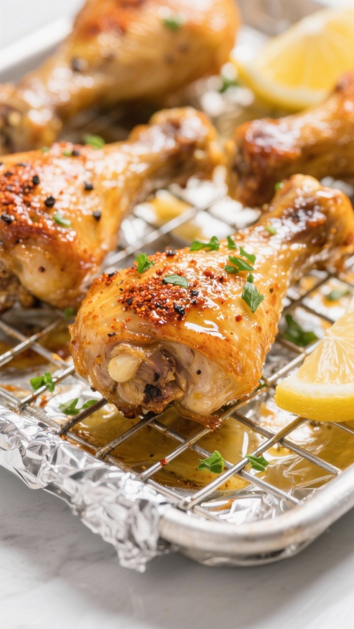 Close-up detail shot of garlic butter chicken drumsticks just out of the oven on a wire rack over a 