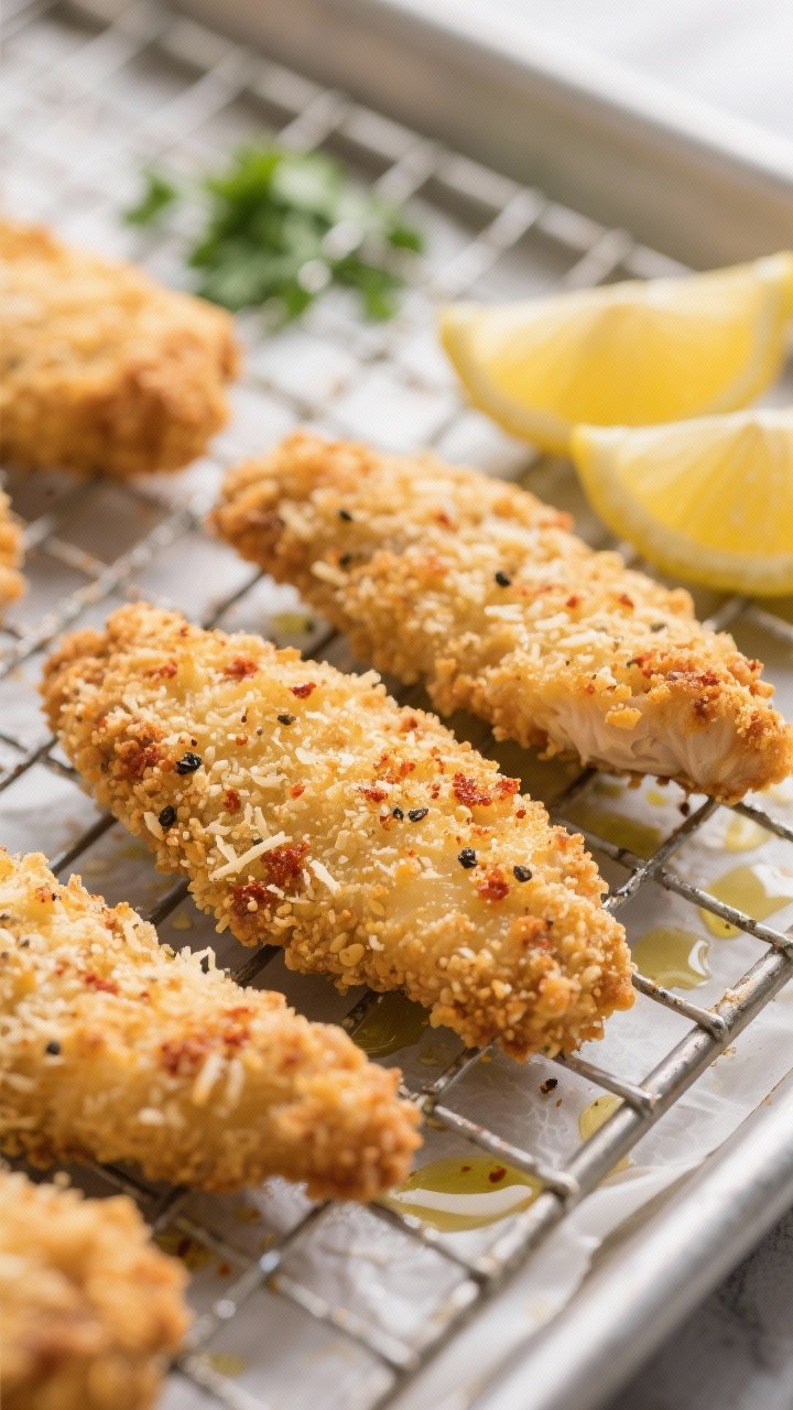 Close-up detail shot of golden-brown Parmesan crusted chicken tenders just out of the oven on a wire