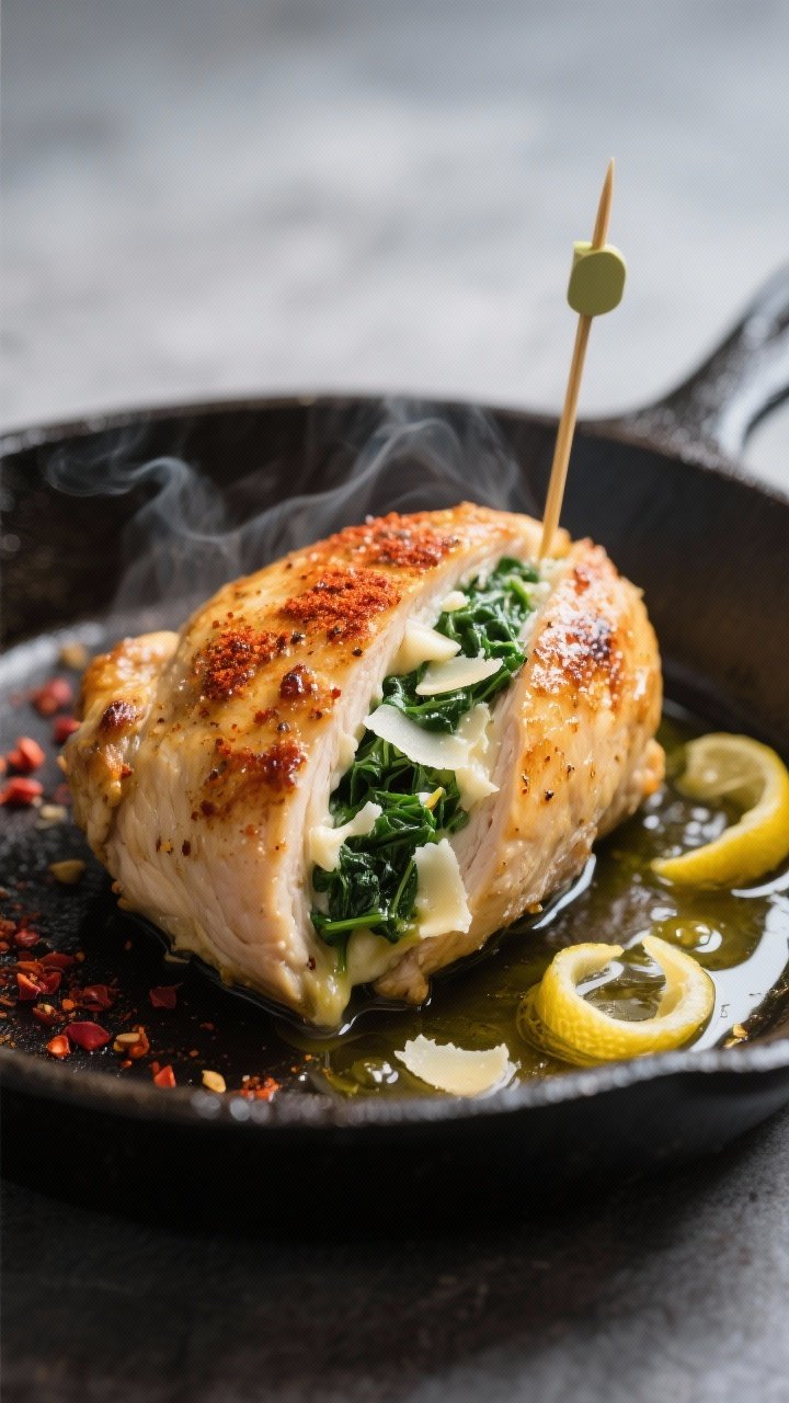 Close-up detail shot of seared spinach-and-cheese stuffed chicken just out of the skillet: golden, l