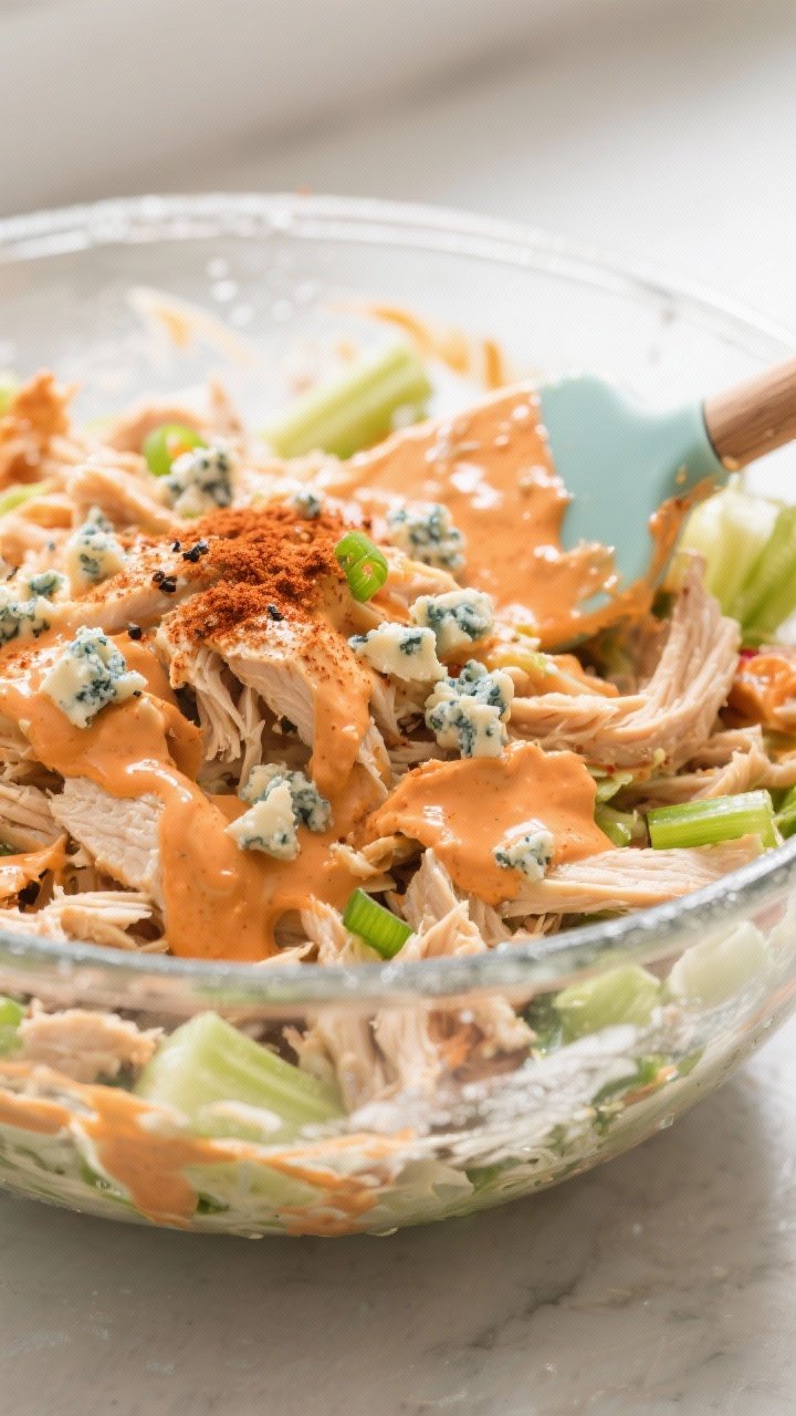 Close-up detail shot of the finished buffalo blue cheese chicken salad being folded together in a wi