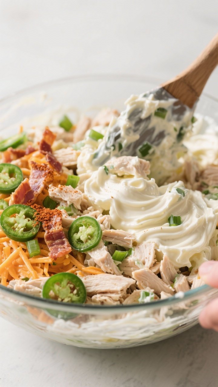 Close-up detail shot of the finished Jalapeño Popper Low Carb Chicken Salad being folded together i