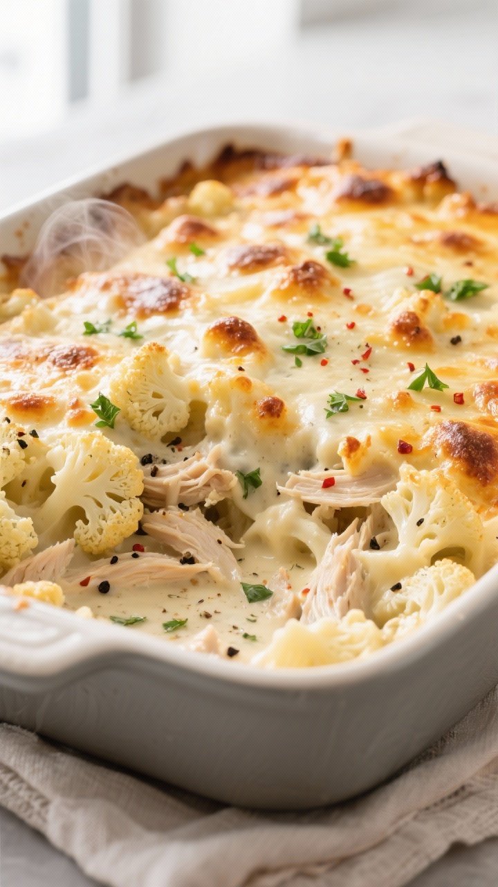 Close-up detail shot of the Low Carb Chicken Alfredo Bake just out of the oven, capturing the bubbly