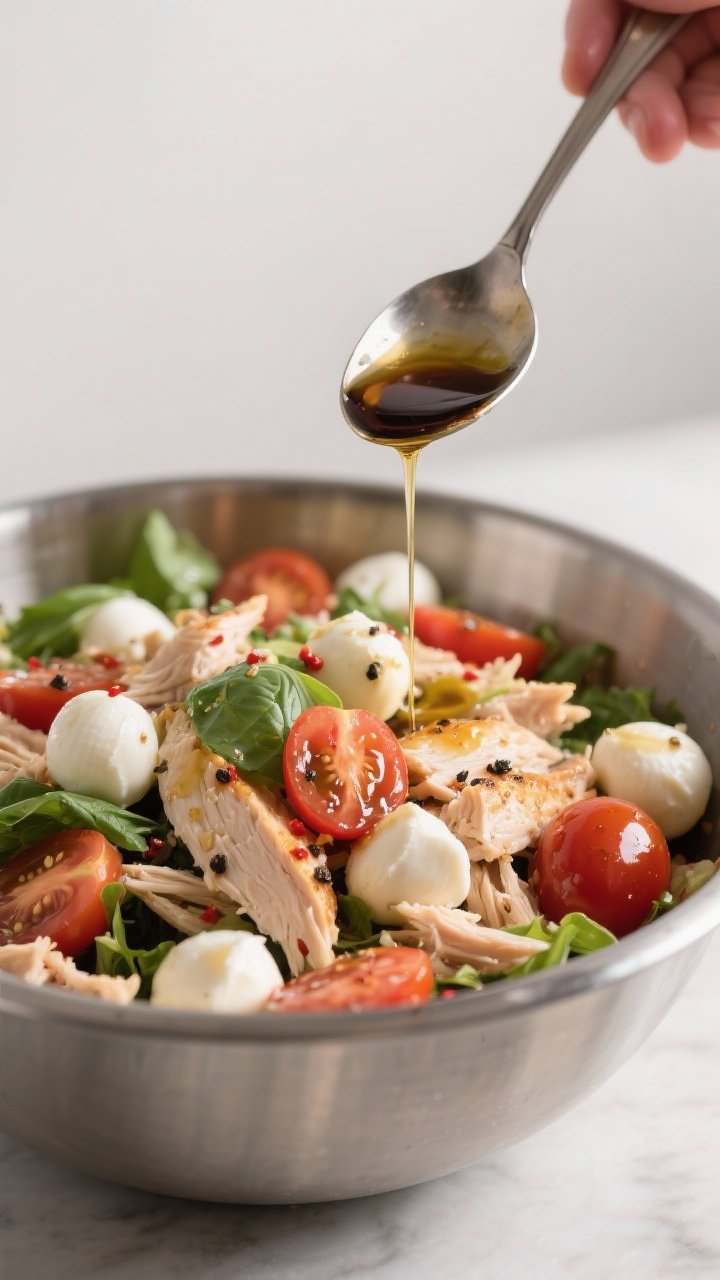Close-up detail shot of the prepared Caprese Low Carb Chicken Salad being gently tossed in a wide st