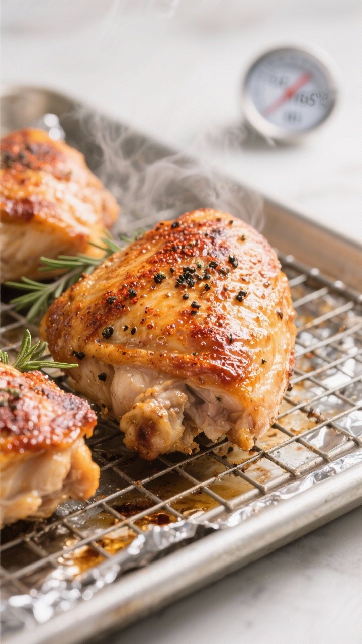 Close-up detail: Ultra-crisp oven-baked chicken thigh skin fresh from the oven on a wire rack over a