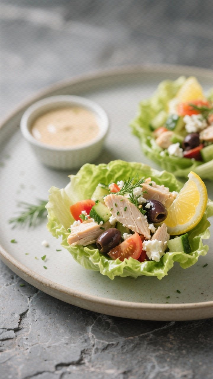 Close-up final plated lettuce cups: crisp romaine leaves piled with the chicken salad, showing disti