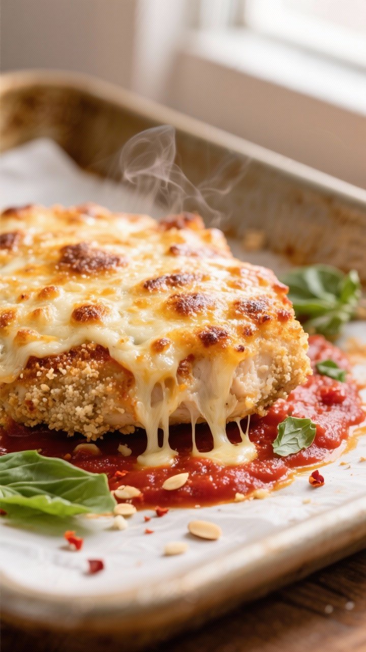 Close-up of low-carb Chicken Parmesan cutlet just out of the oven, showcasing a deeply golden, bubbl
