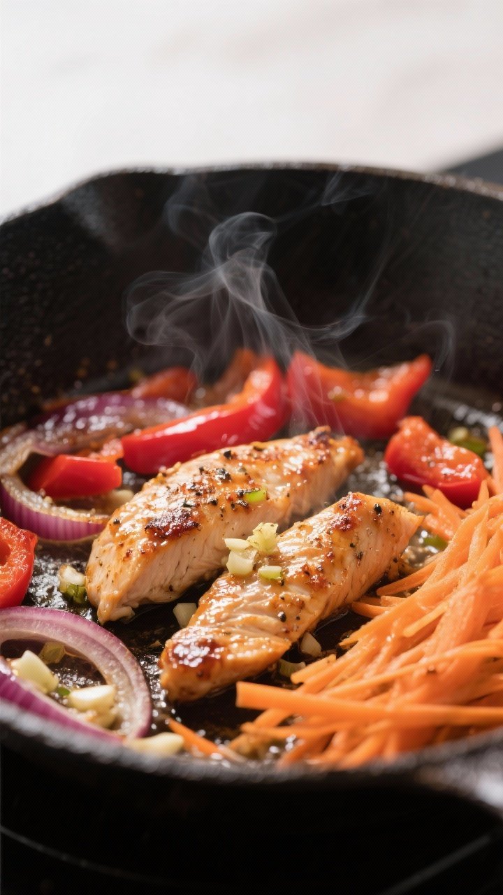 Close-up process shot of seasoned chicken strips sizzling in a large cast-iron skillet alongside sau