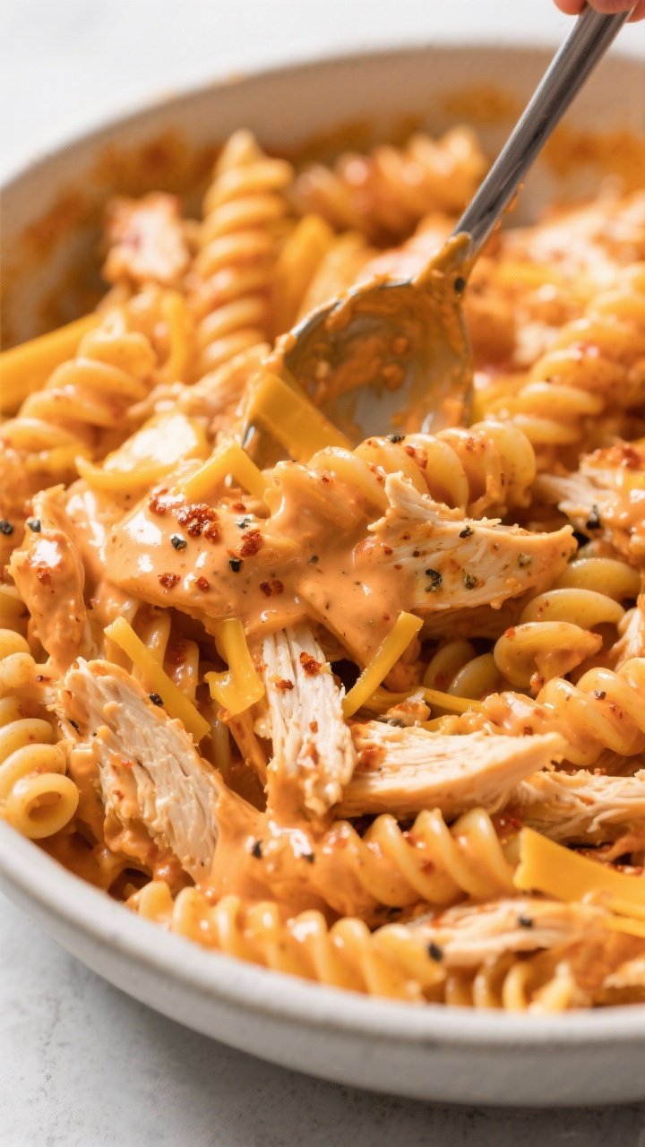 Close-up process shot of the creamy Buffalo sauce-coated chicken and al dente rotini being folded to
