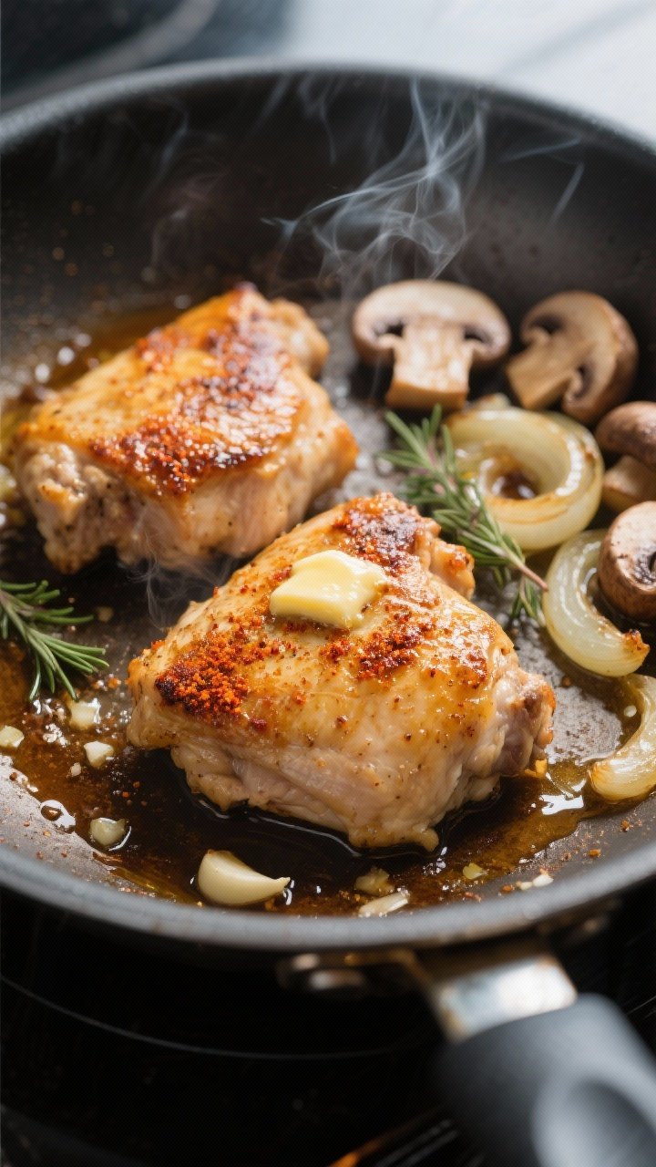 Close-up process shot: Searing seasoned chicken thighs in a stainless skillet, golden-brown crust wi