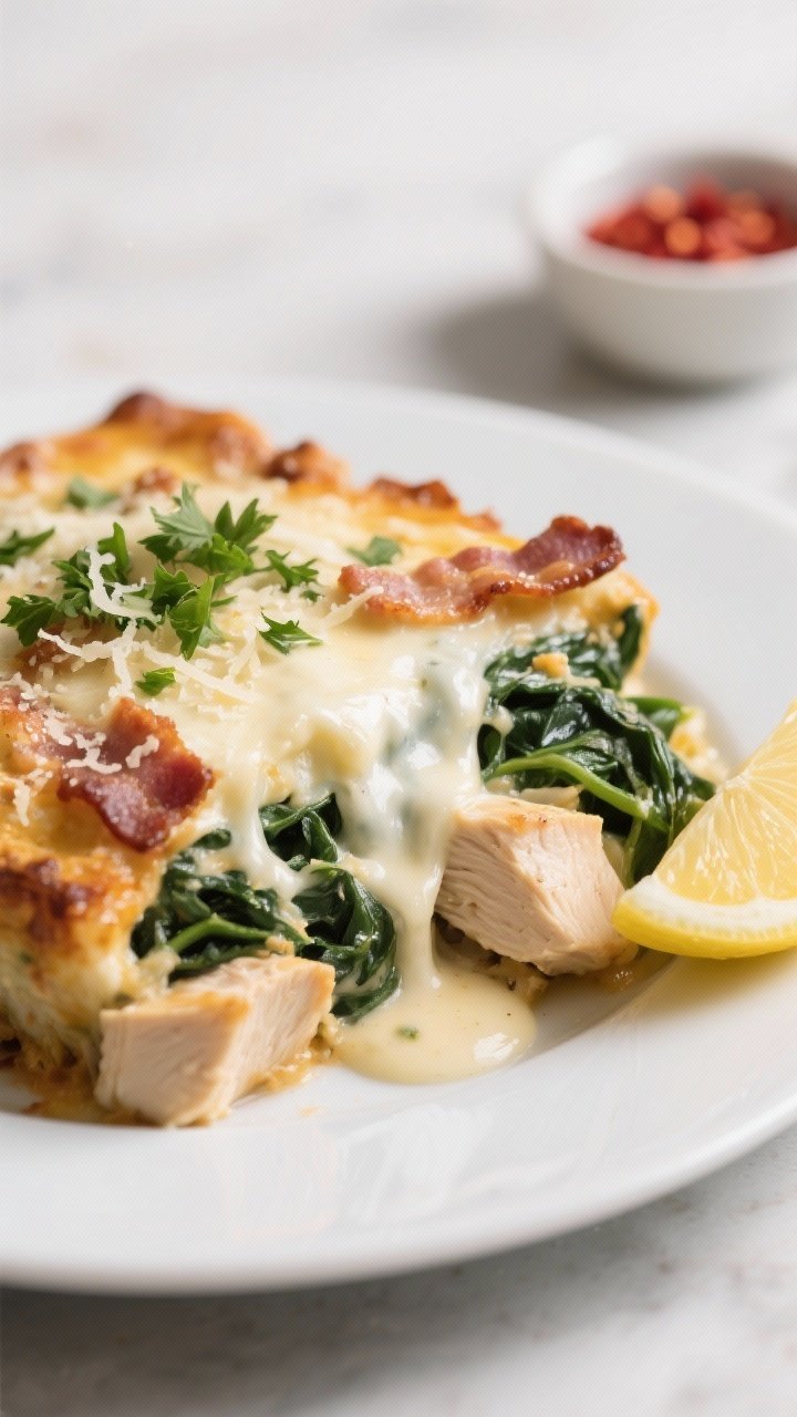 Close-up, three-quarter angle of a plated serving of the casserole on a matte white plate, showing t