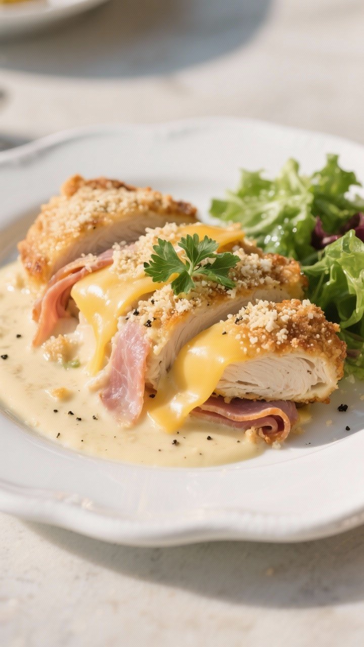 Close-up, three-quarter angle of a plated serving of Chicken Cordon Bleu Casserole on a white cerami