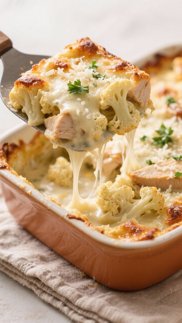 Close-up three-quarter angle of the finished Creamy Chicken Alfredo Cauliflower Bake just out of the