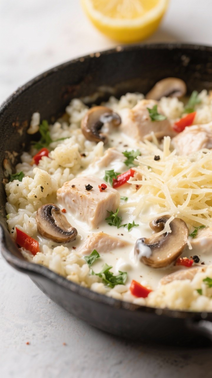 Close-up, three-quarter angle process shot of the creamy mixture right before baking: the skillet fi