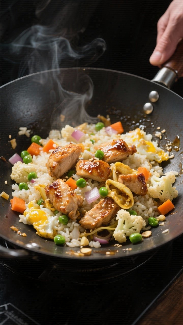 Cooking process — cauliflower chicken fried “rice” in a wok: Steam-free, high-heat stir-fry mo
