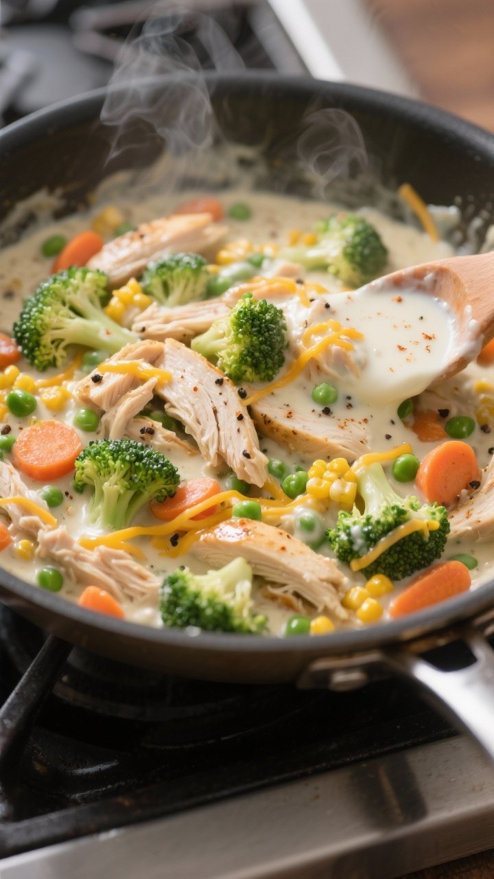 Cooking process close-up: A 12-inch skillet on the stovetop with the creamy ranch sauce-coated mixtu