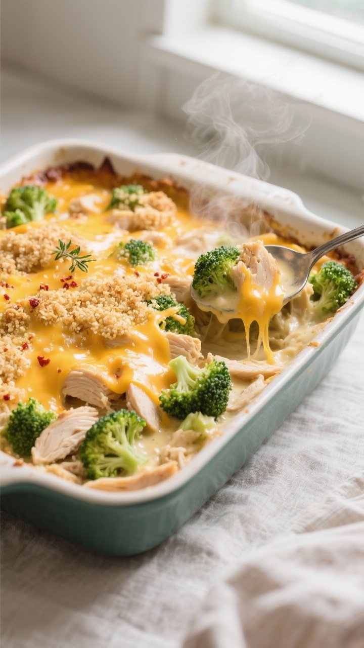 Cooking process close-up: A bubbling Cheesy Chicken and Broccoli Bake just out of the oven in a 9x13