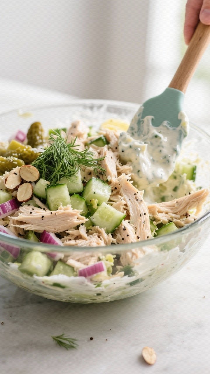Cooking process close-up: A large glass mixing bowl filled with the prepared chicken salad being fol