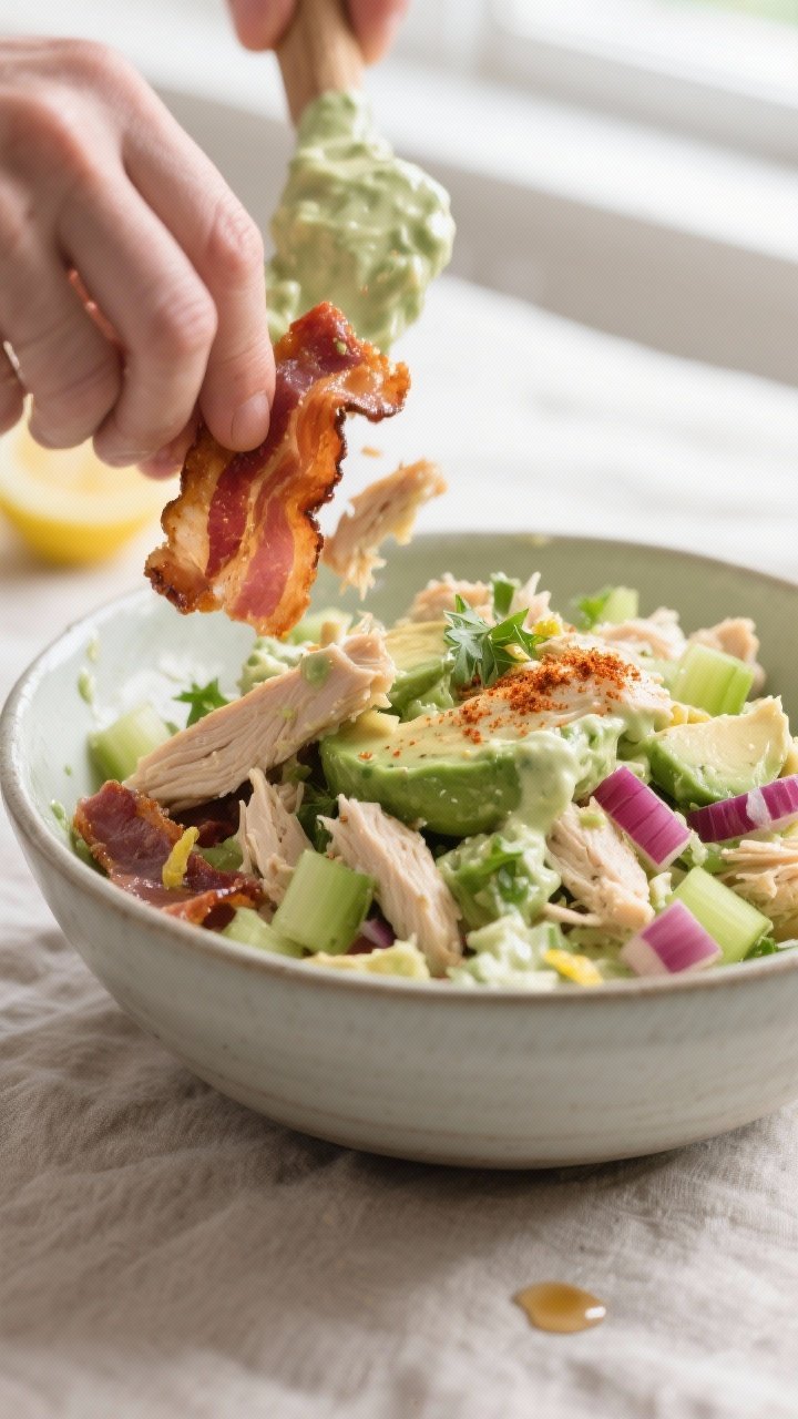 Cooking process close-up: Crispy bacon being chopped and folded into a bowl of creamy avocado-mayo c