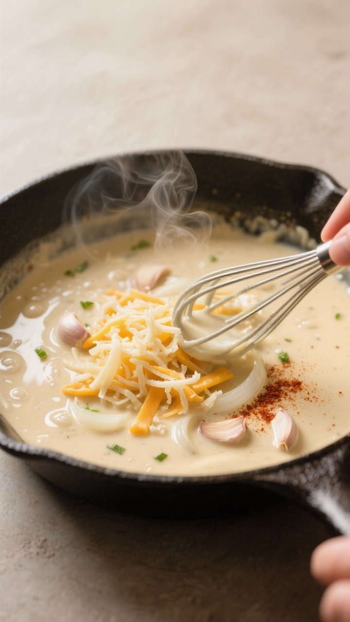 Cooking process, close-up detail: A cast-iron skillet scene mid-cook showing the creamy garlic sauce