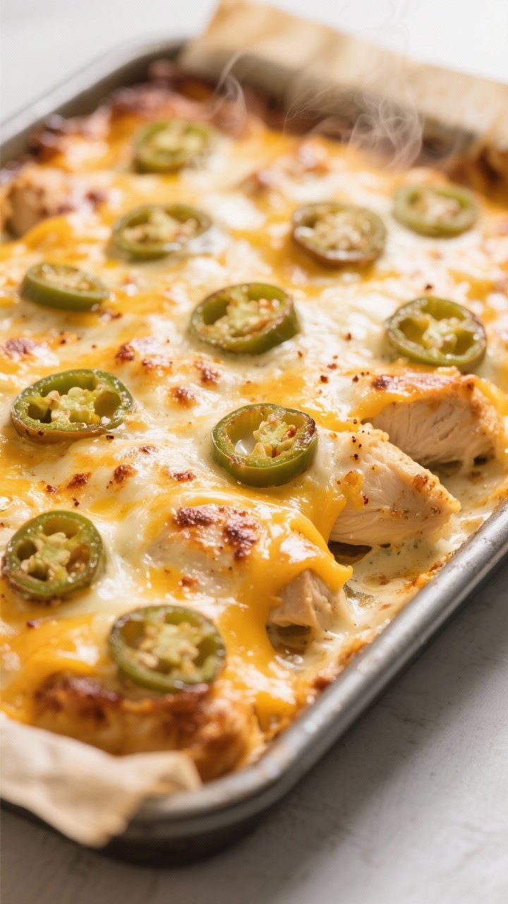 Cooking process, close-up detail: Bubbling Cheesy Jalapeño Chicken Bake just out of the oven at 400