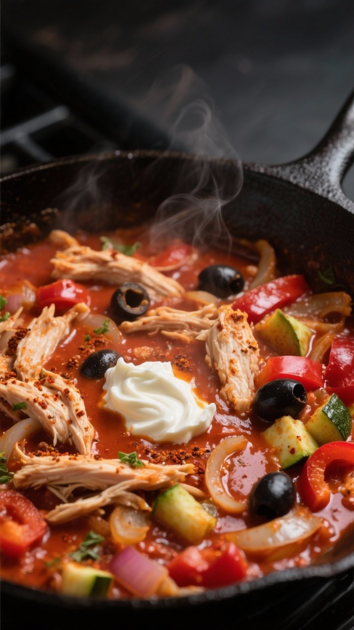Cooking process, close-up detail: Close-up of a cast-iron skillet on the stove with the low-carb chi