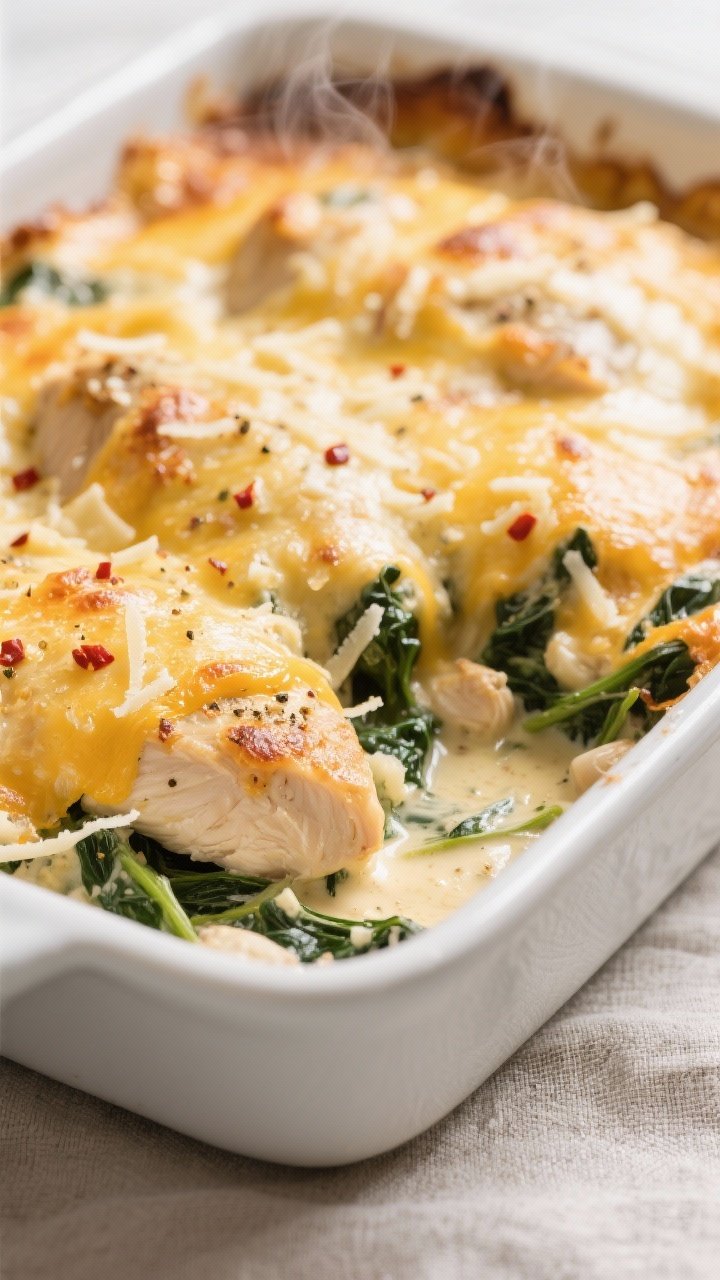 Cooking process, close-up detail: Close-up of the Cheesy Garlic Chicken & Spinach Bake just out of t