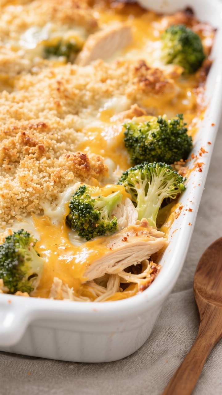 Cooking process, close-up detail: Close-up of the Chicken Broccoli Cheese Bake just out of the oven,